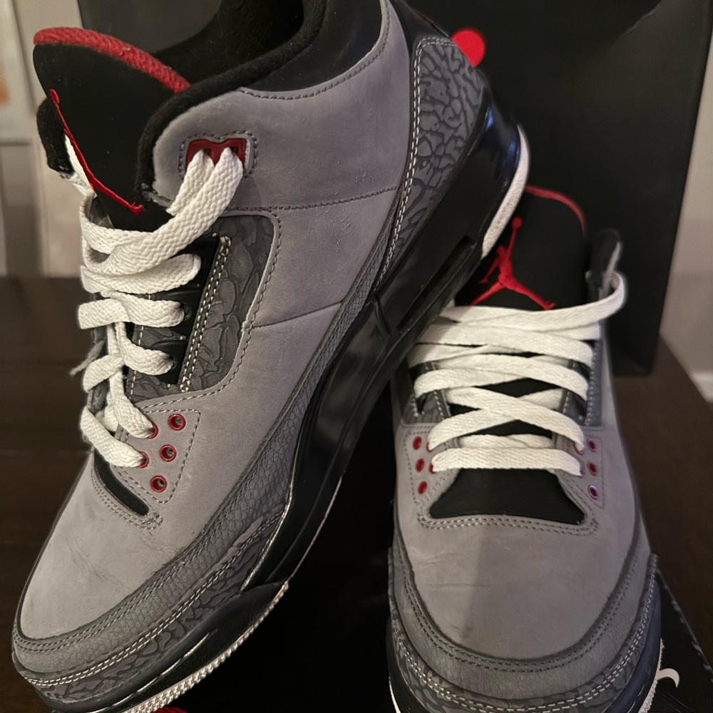 Jordan Men's Black and Gray Sneakers with Red Accents